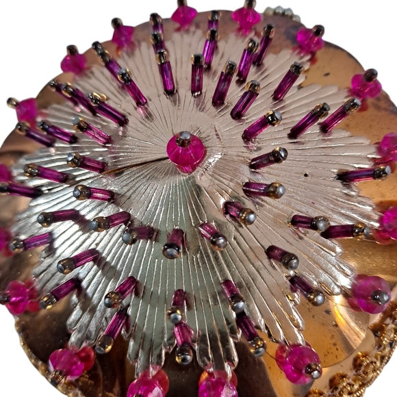 Vintage Beaded Push Pin Christmas Ornament Gold Pink Sequins Retro MCM - Picture 5 of 9
